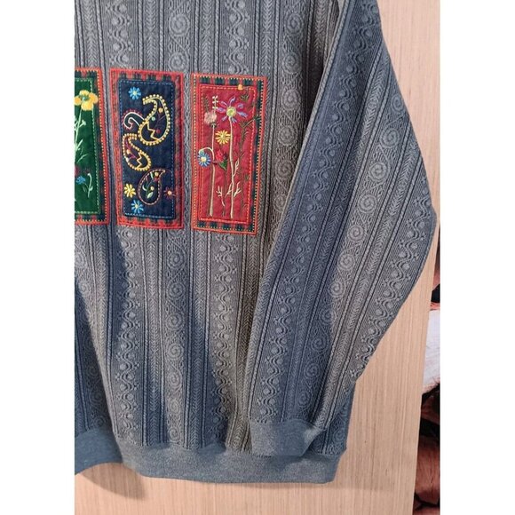 Jenny Buchanan PM Gray Pullover Sweater Embroidered Floral Patchwork Long Sleeve - Picture 2 of 6